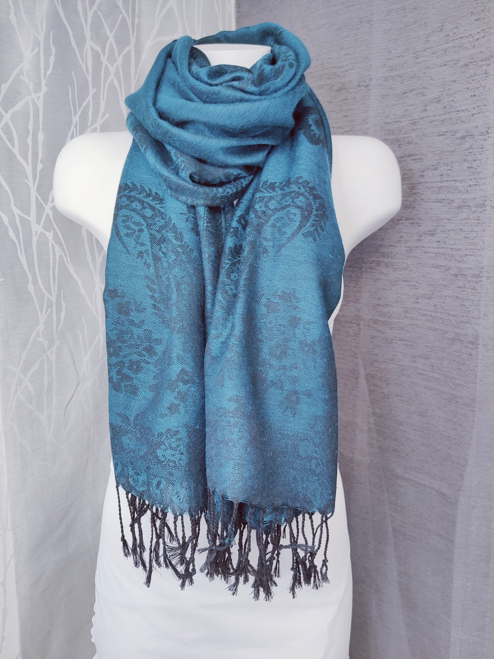 Teal Blue Black Paisley Pashmina Style Oversized Scarf Shawl Wrap Reverse 27x68